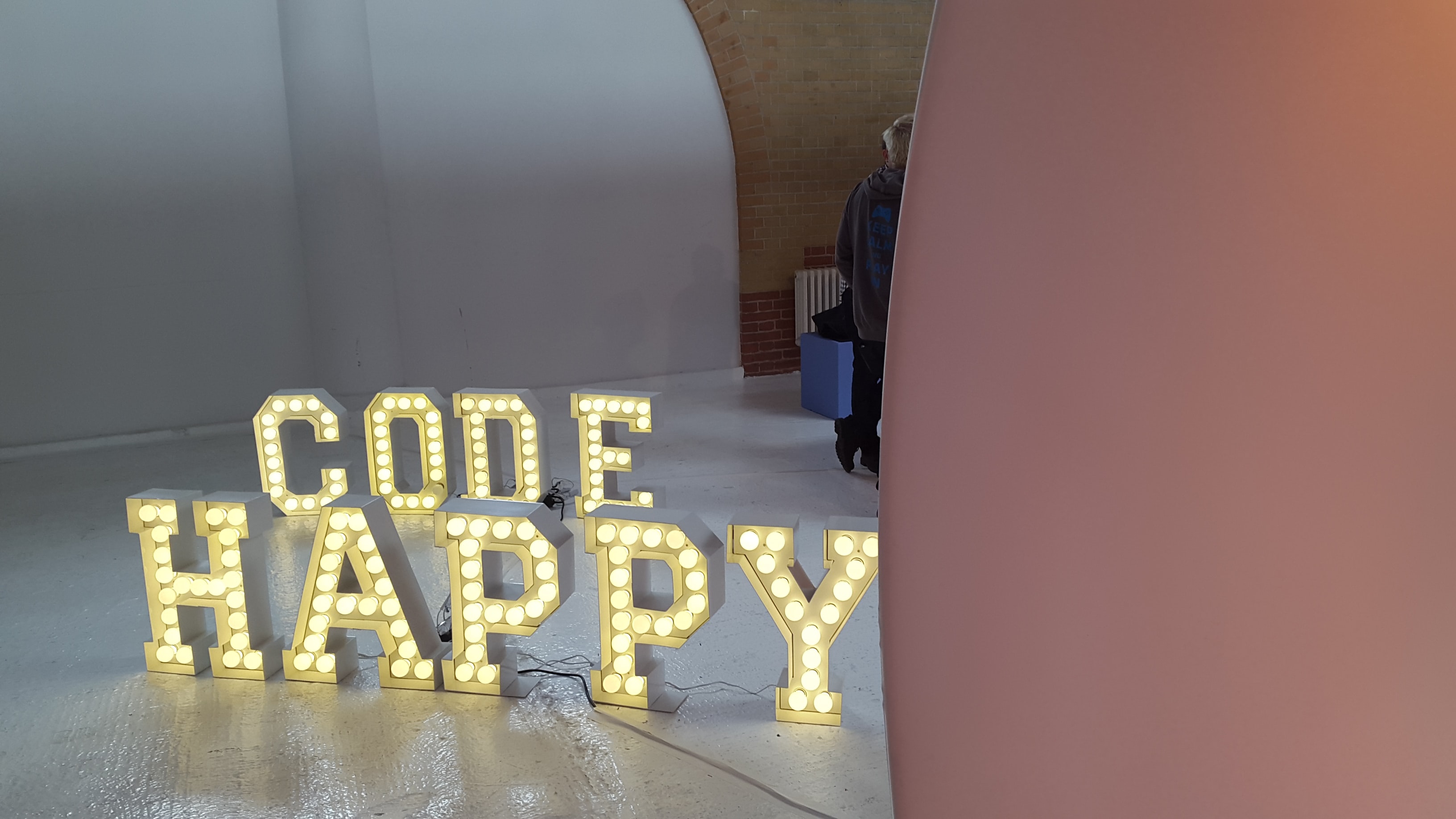 Illuminated letters that spell Happy Code